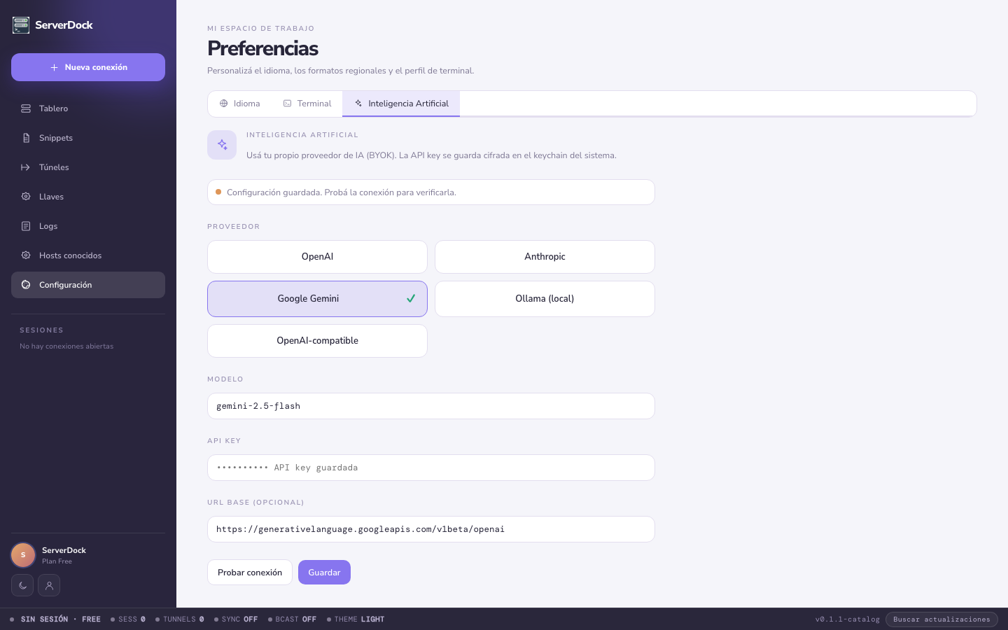 Preferencias de proveedores de inteligencia artificial en ServerDock