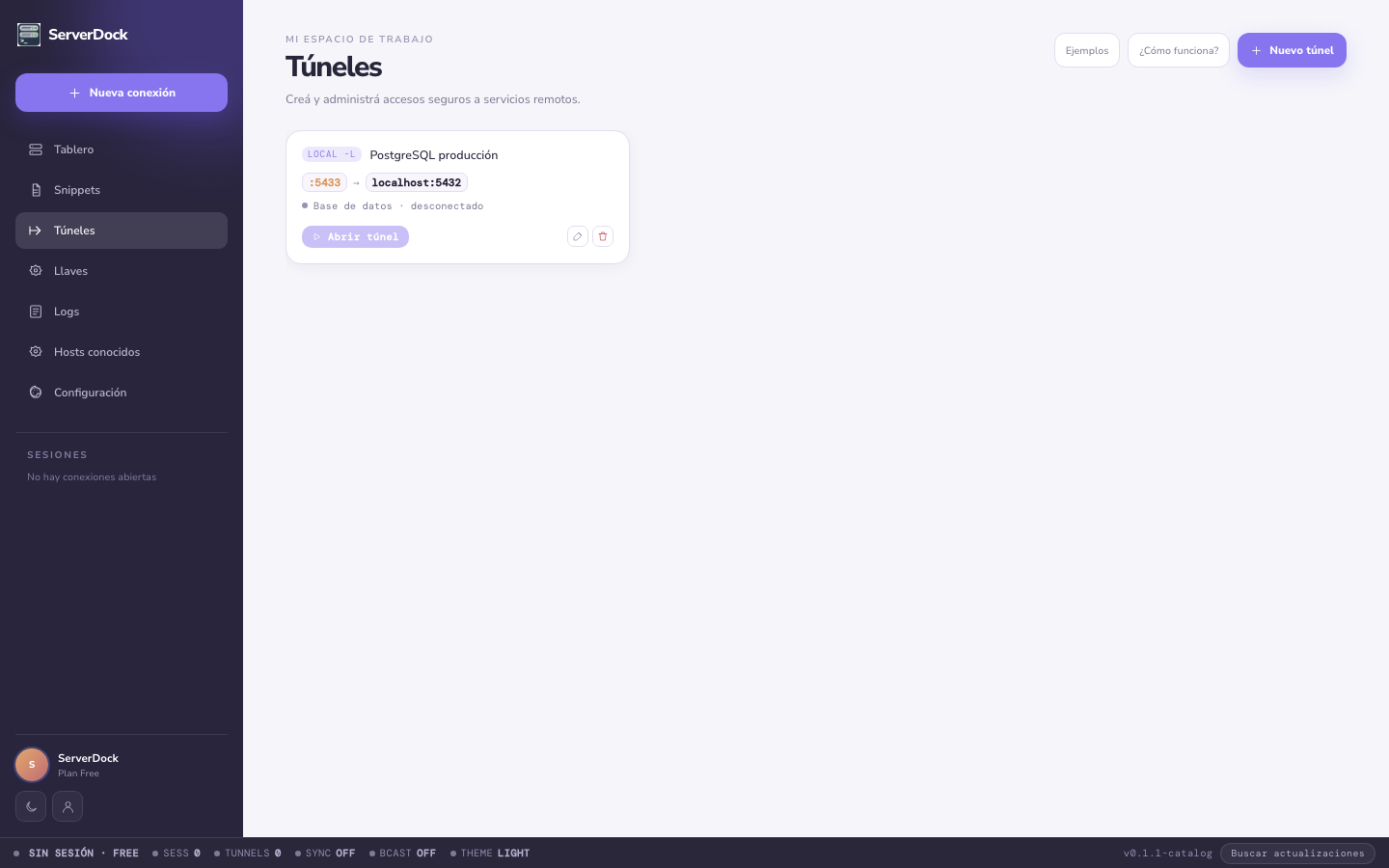 Gestión de un túnel local PostgreSQL de ejemplo